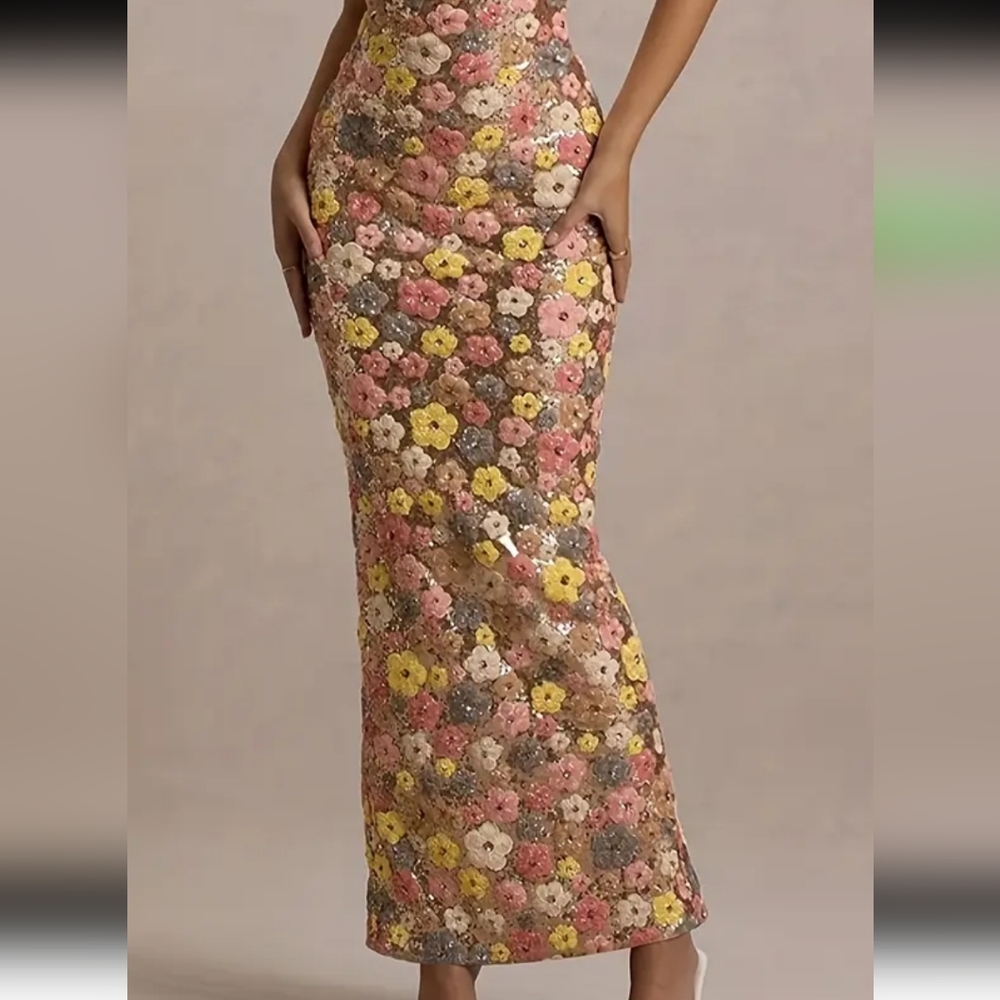 Floral Pattern Sequined Cami Dress, Elegant Backless Sleeveless Split Hem Slim - Picture 3 of 5